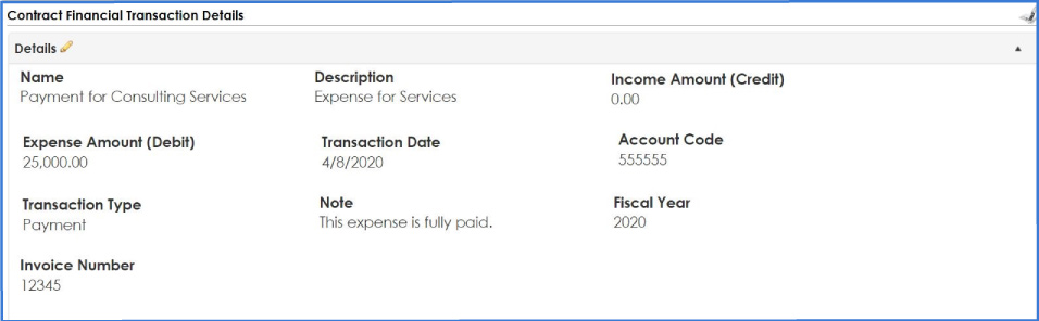 Contract Insight contract financial details for your organization's records.